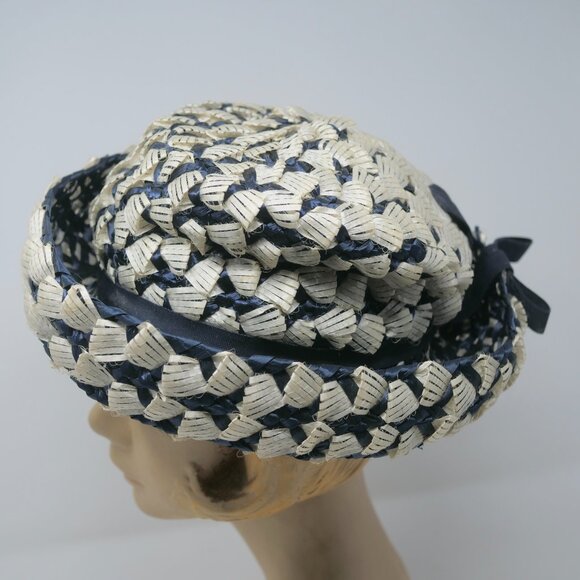 vtg MR JOHN Classic Blue White Raffia Woven Upturn Brim Mod Derby Church Hat EUC main image 9